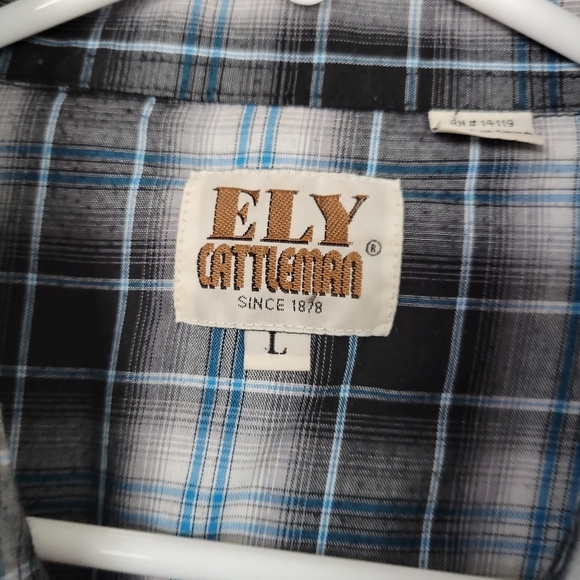 Ely Cattleman Men's Large Long Sleeve Button Up Dress Shirt Blue Black Plaid Top - Picture 2 of 4